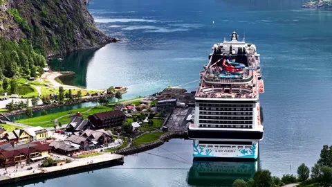 Aerial Crane Down of MSC Cruise Ship Docked in Flam Norway Stock Footage 341536698