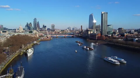 Aerial Crane Down from Top Shot Big Wide of Thames to City Stock Footage 150265853