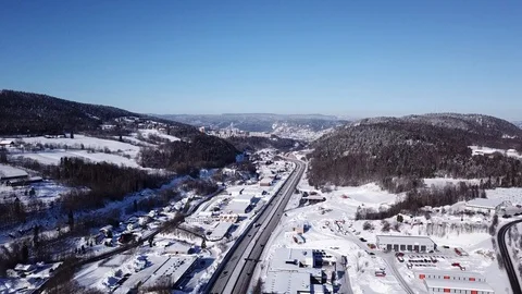 Aerial crane shot of a highway e18 towards the hills and Drammen city in Norway 스톡 동영상 86284911