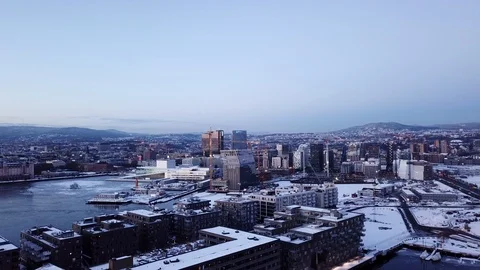 Aerial crane shot of Lambda museum from behind the houses in Oslo, Norway 스톡 동영상 86288264
