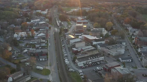 Aerial crane shot of Small Rural Town in Columbia County New York at sunset Stockbeeldmateriaal 166328230
