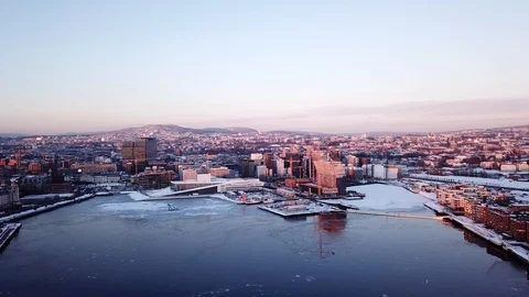 Aerial crane shot at sunset of Lambda museum in Oslo, Norway at sunset Stock Footage 86287832