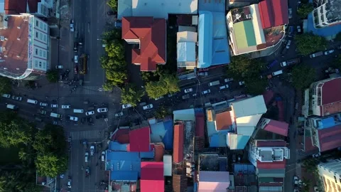 Aerial Crazy Crowded Traffic Streets Phnom Penh Motorbike Vehicle Stock Footage 307126341