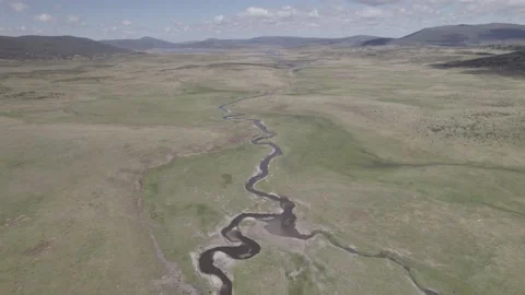Aerial - A Creek Flows Through Open Plains in Australian Plains - Kosciuszko Stock Footage 194603748