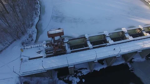 Aerial dam on the beautiful river at winter Stock Footage 71443213