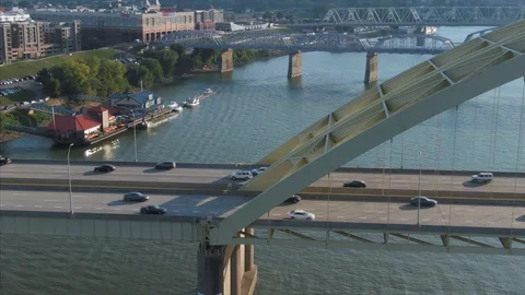 Aerial: Daniel Carter Beard Bridge over the Ohio River. Coventry Stock Footage 127625675