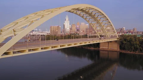 Aerial: Daniel Carter Beard Bridge over the Ohio River. Cincinnati Stock Footage 127627279