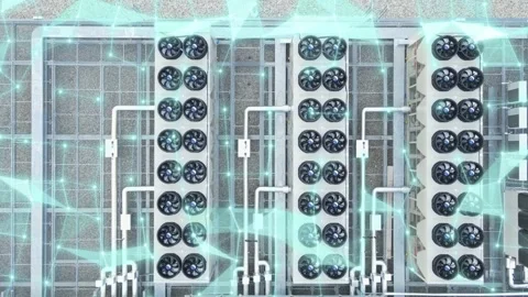 Aerial of data center building with HVAC systems and 3D data graphics overlay 库存影片 339876445