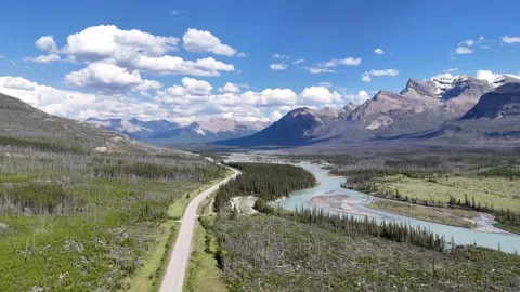 Aerial David Thompson Highway Through Canadian Rockies Mountain Valley Stockbeeldmateriaal 314665644