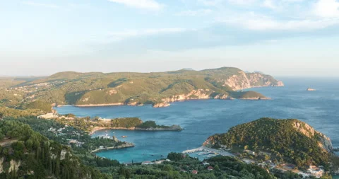 Aerial day to night Time lapse of Paleokastritsa bay, Corfu, Greece Stock Footage 220158071