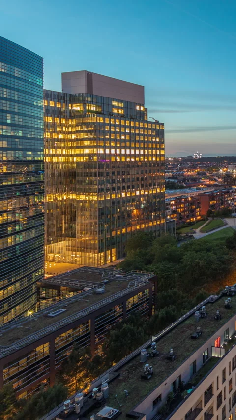Aerial day to night timelapse of Brussels urban landscape blending office Video stock 314794586