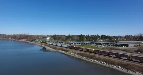 Aerial Day pull shot US/Canada border crossing Stock Footage 86956486