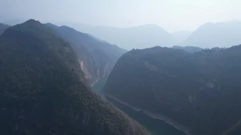 Aerial Deep Wushan Lesser Three Gorges River Canyon Under Hazy Sky Stock Footage 342306308