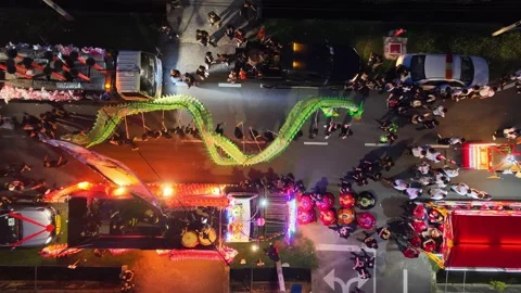 Aerial Deity Procession with Dragon and Lion Performances Видео 345437504