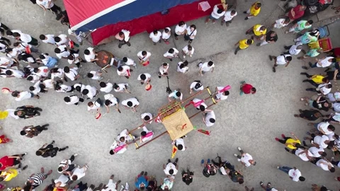 Aerial Deity Procession with Palanquin at Bukit Bakri Stock-Footage 345437247