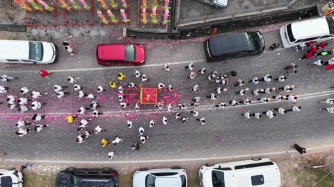 Aerial Deity Procession Through Bukit Bakri Streets Stock-Footage 345437397