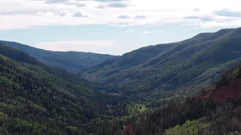 Aerial of dense forest and mountain valleys in San Juan National Forest Colorado Stock Footage 342472201