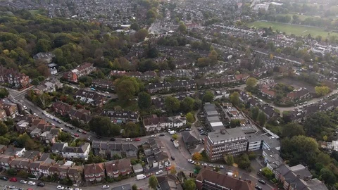 Aerial descending view of a typical Edwardian village in North London Stock Footage 97141753