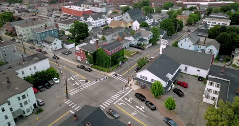 Aerial descent over the Biddeford intersection where an ICE agent fatally shot Stock Footage 340382523