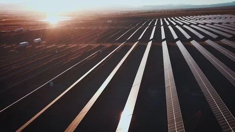 Aerial desert view large industrial Solar Energy Farm producing concentrated Stock Footage 82291407