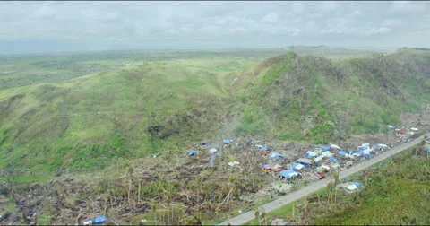 Aerial of destroyed community near hills with broken trees Stock Footage