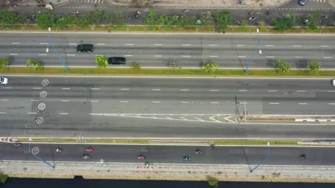 Aerial directly top view video of urban traffic on freeway Stock Footage 150381458