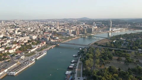 Aerial Distant Sunset View Of The River Sava And City Belgrade Waterfront Stock Footage 168967424