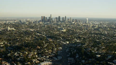 Aerial distant view of tall skyscraper buildings Los Angeles USA Stock Footage 64785839