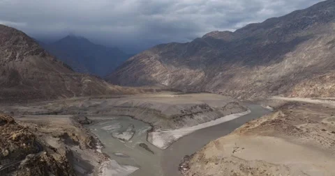 Aerial Dolly of Gilgit and Indus Rivers Confluence, Jaglot, Pakistan Video stock 292868605