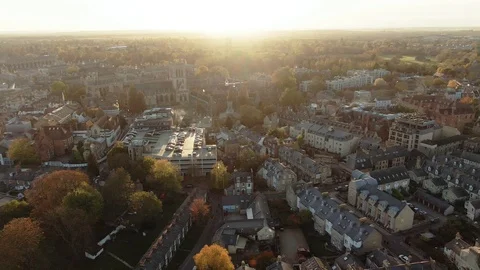 Aerial dolly view of the center of the town of Cambridge (England) before sunset Stock Footage 101639986