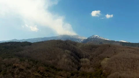 Aerial dolly view of mount Etna in winter, smoking during an eruption Stock Footage 105686290
