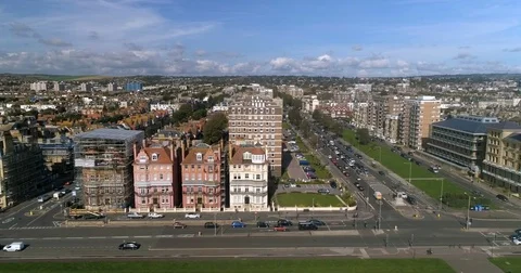 Aerial dolly view of the seafront in Brighton and Hove, Southern England Stock Footage 80877999