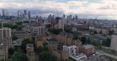 Aerial dolly view of the skyline of the city of London from the North Stock Footage
