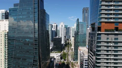 Aerial Down Brickell Ave with brickell Skyline by drone 4k Stock Footage 127330342