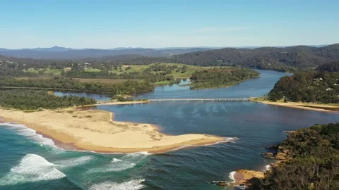 Aerial down flying to Bega river delta and bridge on Sapphire coast as 4k. Stock Footage 194588253