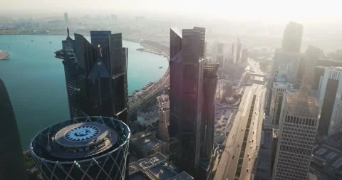 Aerial down looking view of architectural landmarks at sunset, Doha, Qatar 動画素材 132097176