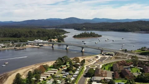 Aerial down over Clyde river with bridge in Batemans bay town if Australia 4k. Stock Footage 185995161