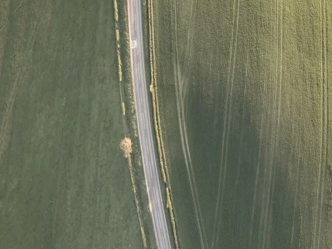 Aerial down view of car driving through countryside Stock Footage 79249260