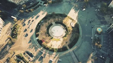 Aerial down view shot of roundabout traffic on famous Place d'Italie in Paris 写真素材