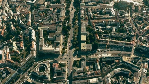 Aerial down view of streets and buildings in Munich near the River Isar, Germany Stock Footage 116447778