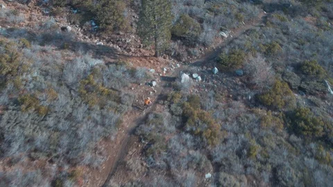 Aerial Of Downhill Mountain Biker Forest Stock Footage 126936053