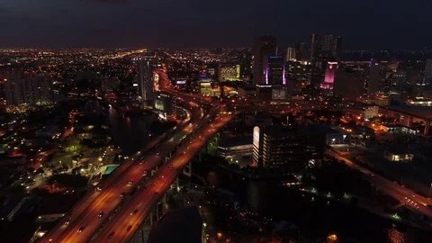 Aerial Downtown Miami night footage Stock Footage