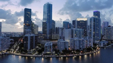 Aerial: Downtown Miami &amp; waterfront at night, Miami. Florida, USA Stock Footage 112609953