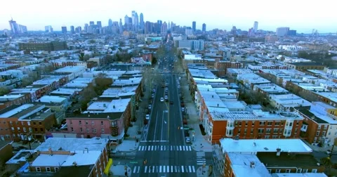 Aerial Of Downtown Philadelphia, Pennsylvania during dusk and rush hour. Stock Footage