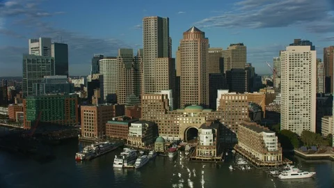 Aerial downtown view city skyscrapers Boston harbor America Stock Footage