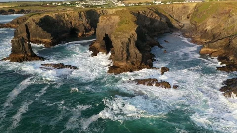 Aerial of dramatic North Cornish coastline near Treyarnon Beach, Cornwall, Stock Footage 154295954