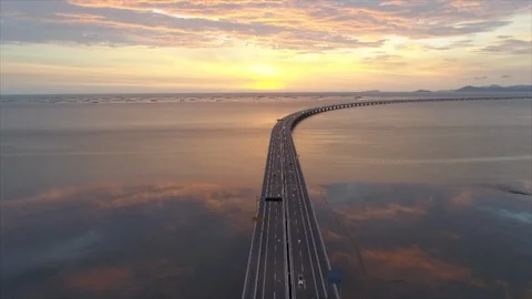 Aerial dramatic of sunset at Penang Second Bridge, MALAYSIA. Stock Footage 96426528