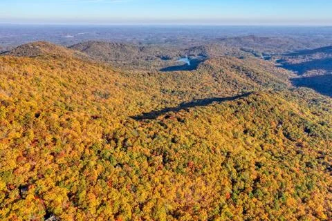 Aerial dramatic sunset with sun rays in Jasper during the fall. Stock Photos