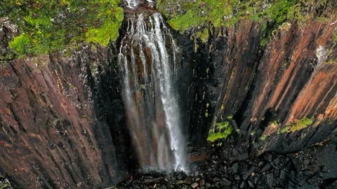 Aerial dramatic view of Mealt Falls and Kilt rock in the Scottish Highlands. Stock Footage 282310924