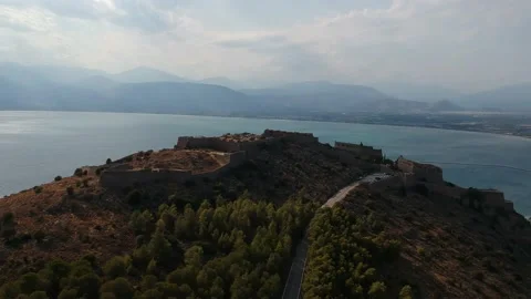 Aerial dramatic view over the medieval Venetian fortress of Palamidi fortress Stock Footage 199416036